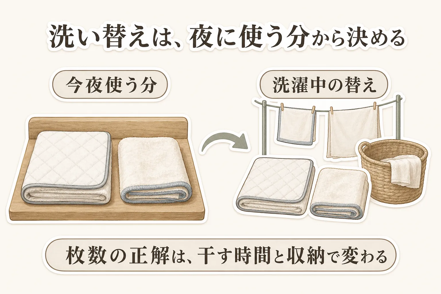 洗い替えの枚数を決める流れを示す図。今夜使う防水シーツとタオルを用意し、洗濯中は替えを干す・収納する循環として、枚数の正解は干す時間と収納で変わることを示す。出典：本記事の商品説明