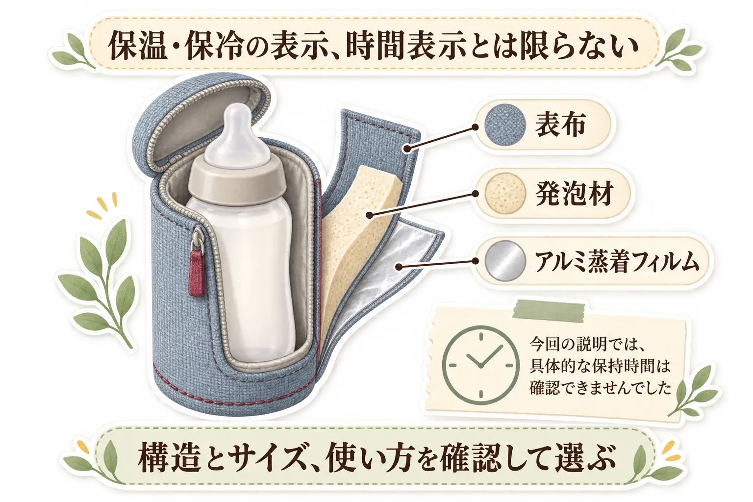 哺乳瓶保温バッグの構造と表示の見方を示す図。表布、発泡材、アルミ蒸着フィルムの層を示し、保温・保冷の表示は保持時間の表示とは限らず、今回の商品説明では具体的な保持時間を確認できなかったため、構造・サイズ・使い方を確認して選ぶことを伝えている