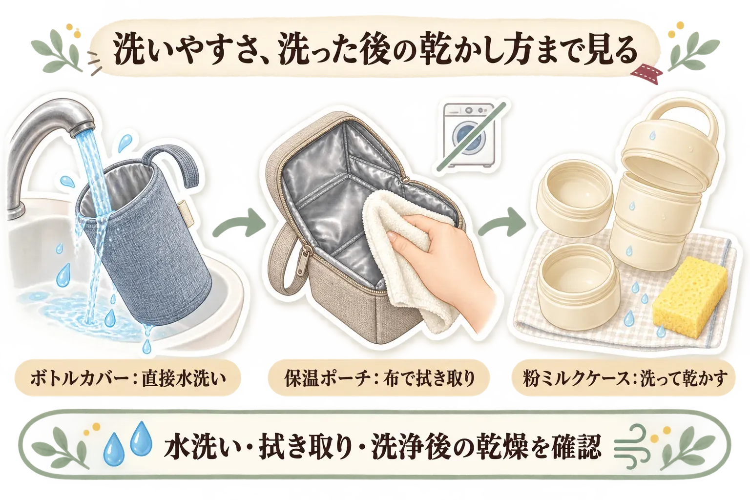 哺乳瓶保温バッグと粉ミルクケースの手入れ方法を比べる図。ボトルカバーは直接水洗い、保温ポーチは洗濯機を避けて布で拭き取り、粉ミルクケースは洗って乾かす流れを示し、水洗い・拭き取り・洗浄後の乾燥を確認することを伝えている
