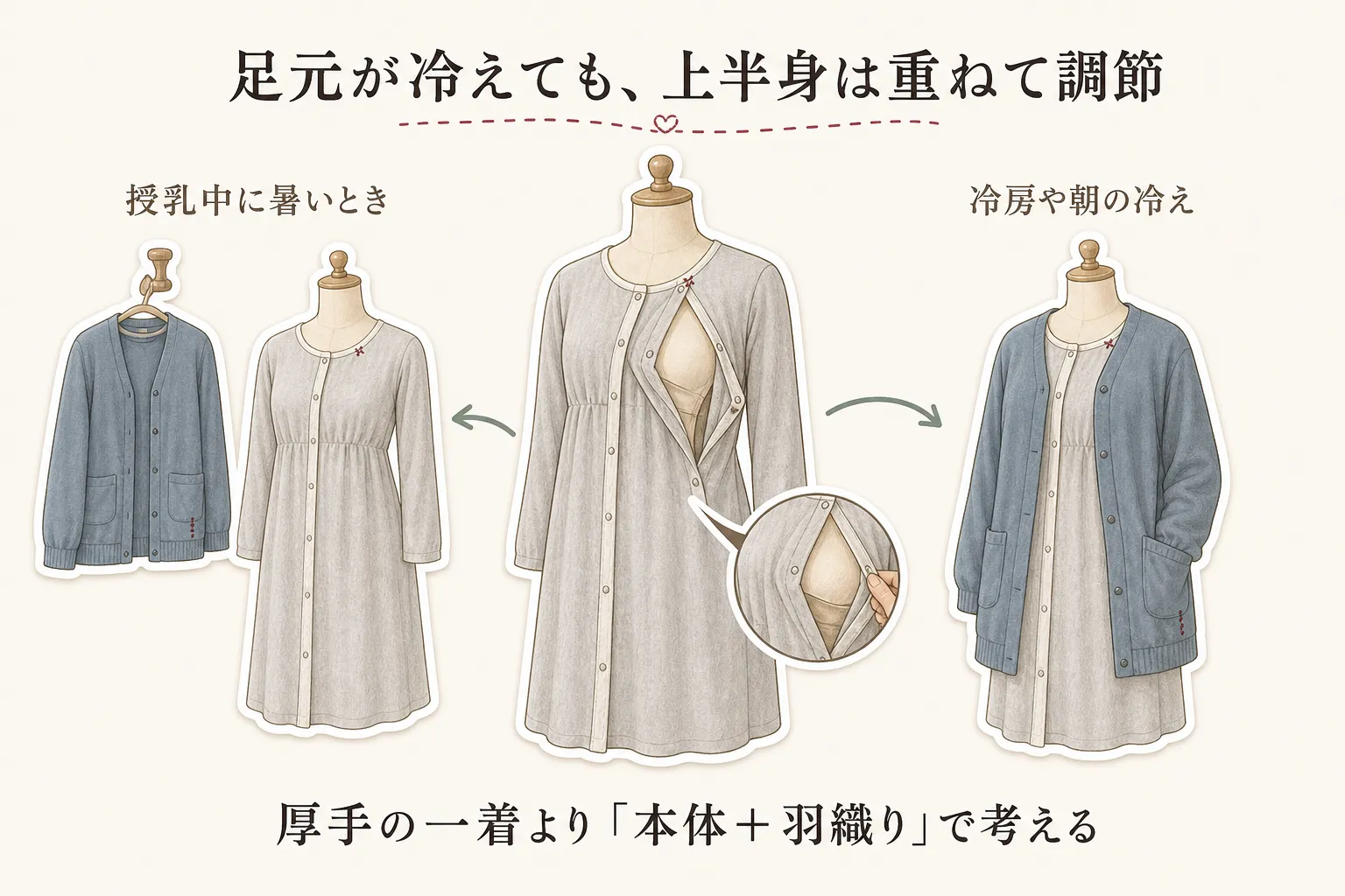 薄手の前開きルームウェアを本体にし、授乳中に暑いときは羽織りを外し、冷房や朝晩に冷えるときはカーディガンやガウンを重ねる温度調節の流れを示す図