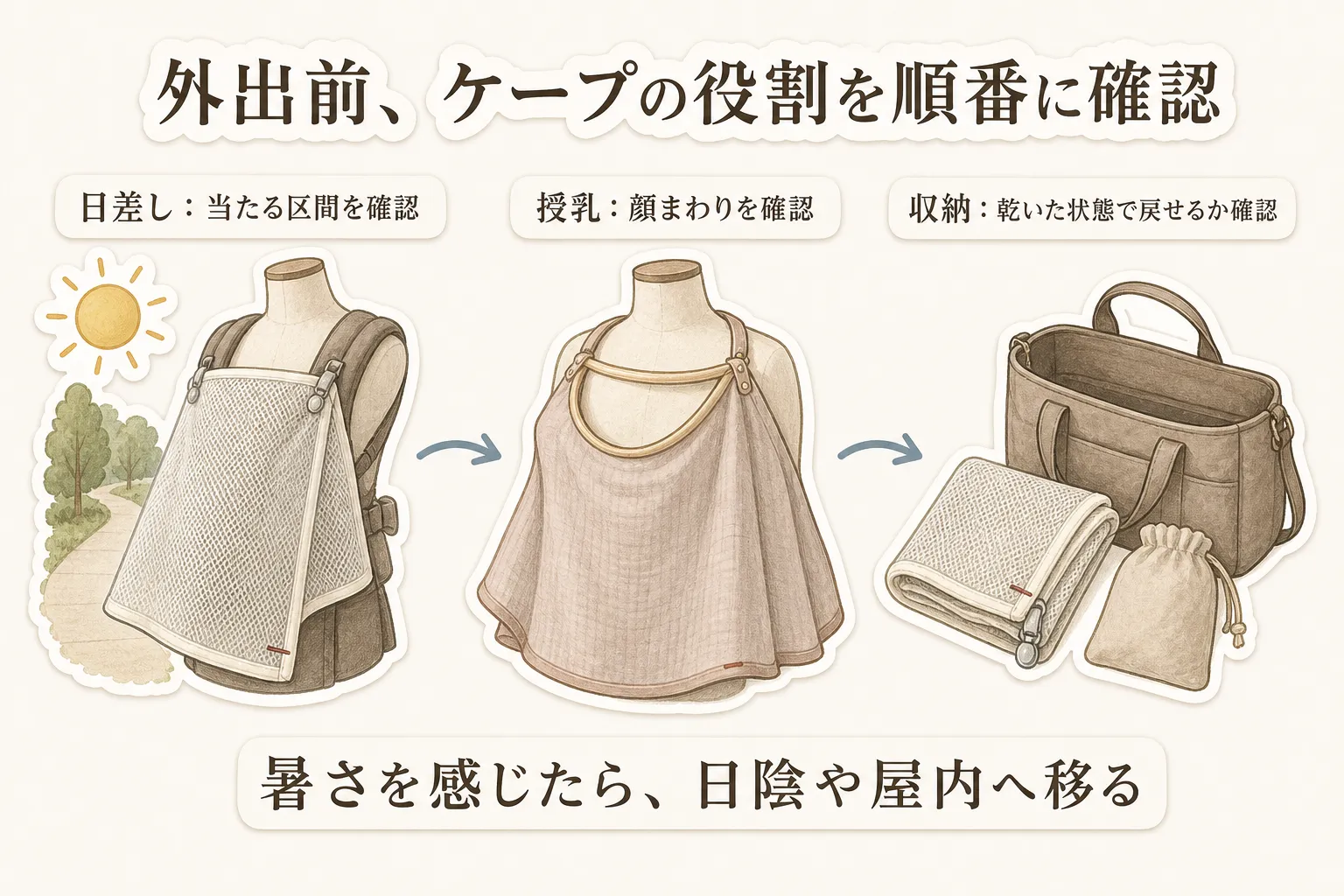 外出前にケープの役割を順番に確認する図。日よけは日差しが当たる区間を確認し、授乳は顔まわりを確認し、収納は乾いた状態でバッグへ戻せるかを確認する流れと、暑さを感じたら日陰や屋内へ移ることを示している