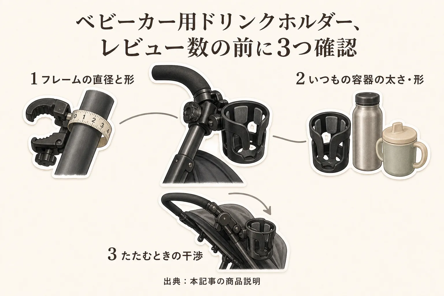 ベビーカー用ドリンクホルダーをレビュー数の前に確認する三つの項目を示す図。フレームの直径と形、いつもの容器の太さ・形、ホルダーを付けたベビーカーをたたむときの干渉を、クランプ・水筒とマグ・折りたたんだベビーカーのイラストで示す。出典：本記事の商品説明