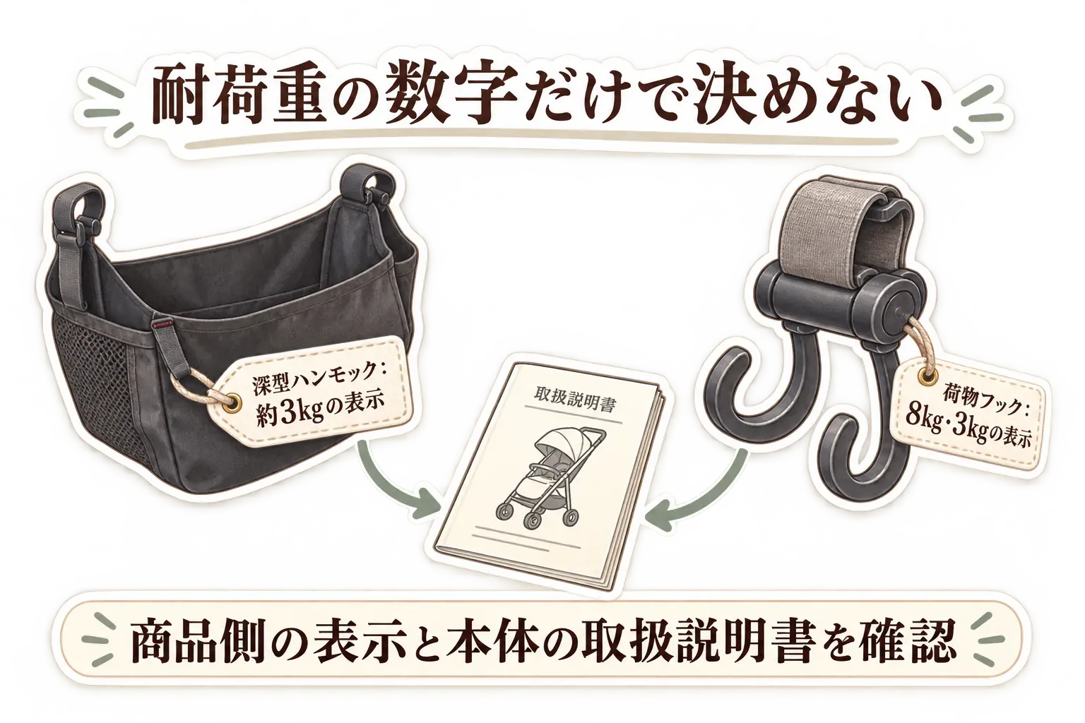 アンダーバッグと荷物フックの耐荷重表示を確認する図。深型ハンモックの約3kg、荷物フックの8kg・3kgという商品側の表示と、ベビーカー本体の取扱説明書も確認する必要があることを示す。出典：本記事の商品説明