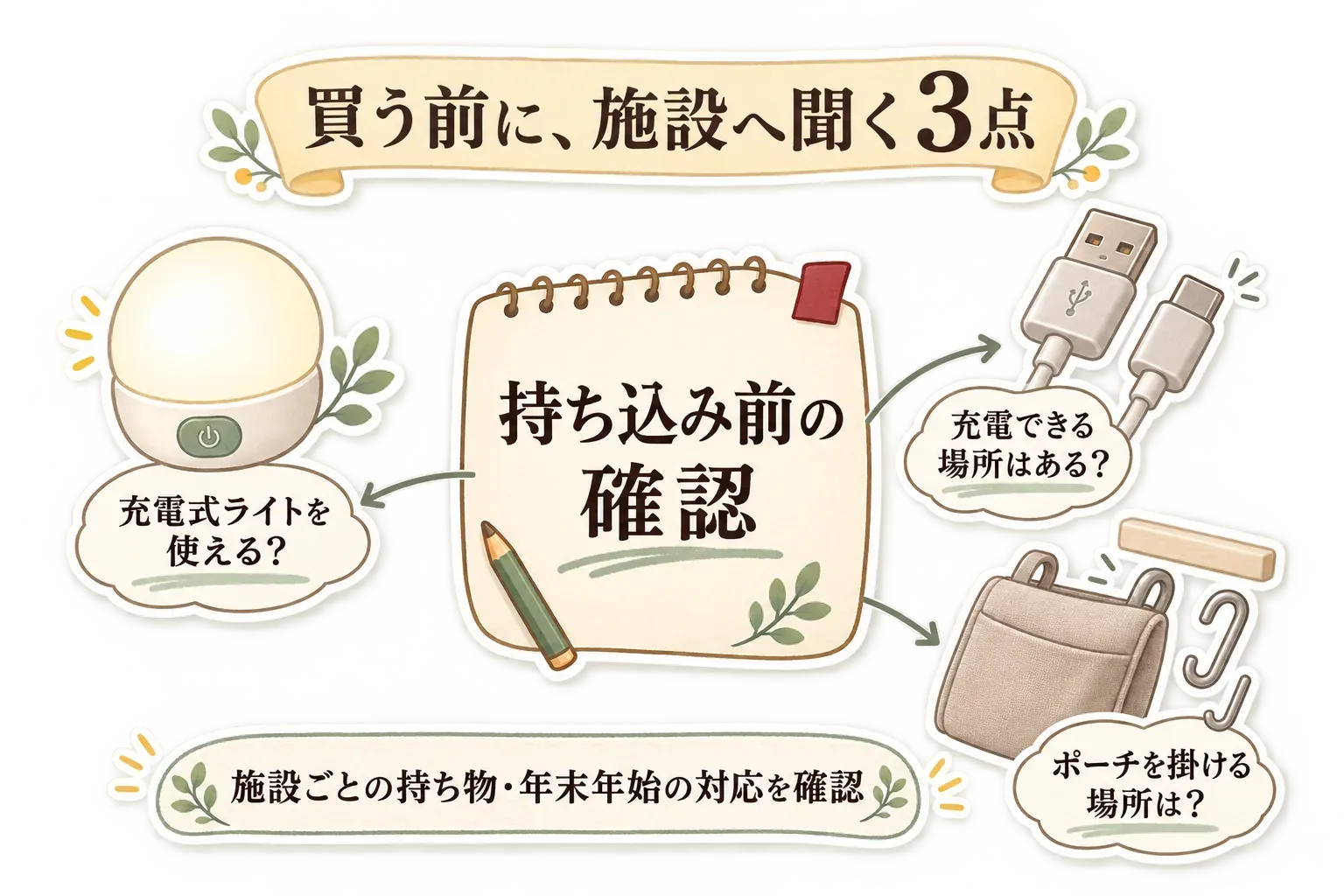 産後ケア施設へ持ち込む前に、充電式ライトを使えるか、充電できる場所があるか、ポーチを掛ける場所があるかの3点を確認し、施設ごとの持ち物と年末年始の対応も確認する図